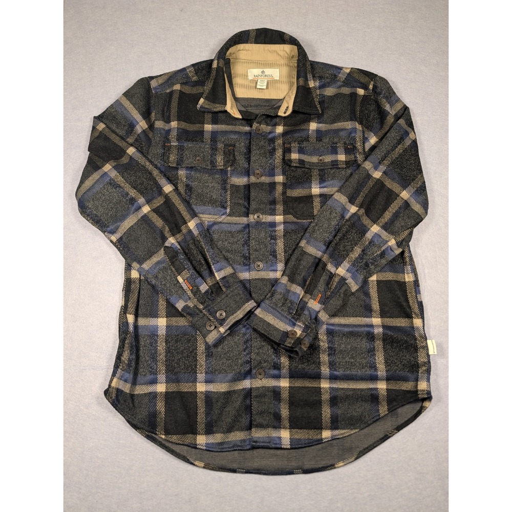 Rainforest Button Down Shirt Mens Medium Blue Grey Plaid Flannel Excellent